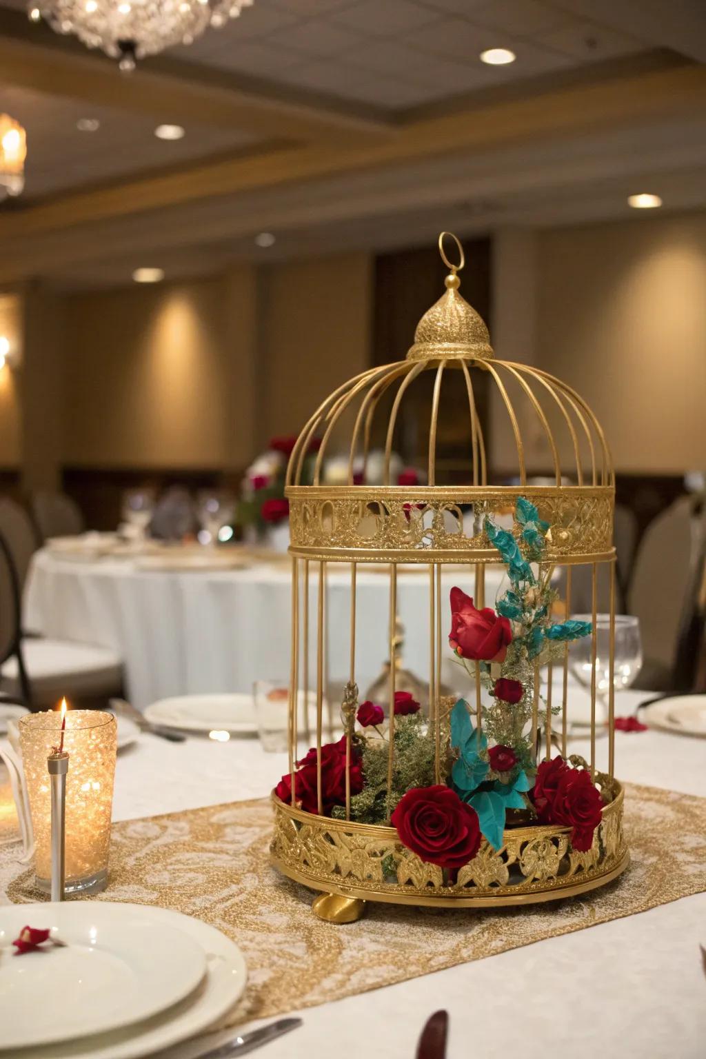 A glamorous gold bird cage centerpiece presenting luxurious details.