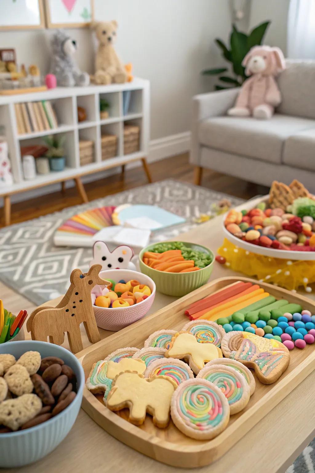 Fun and colorful treats for a kid-friendly grazing experience.