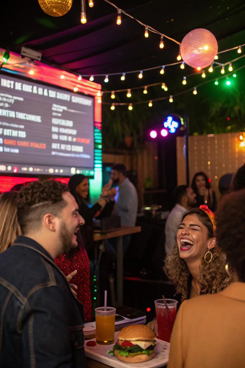 Music establishes the ambiance for an energetic party atmosphere.