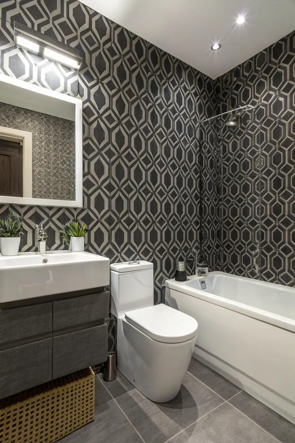 A bathroom featuring patterned wall covering for a distinctive aesthetic.