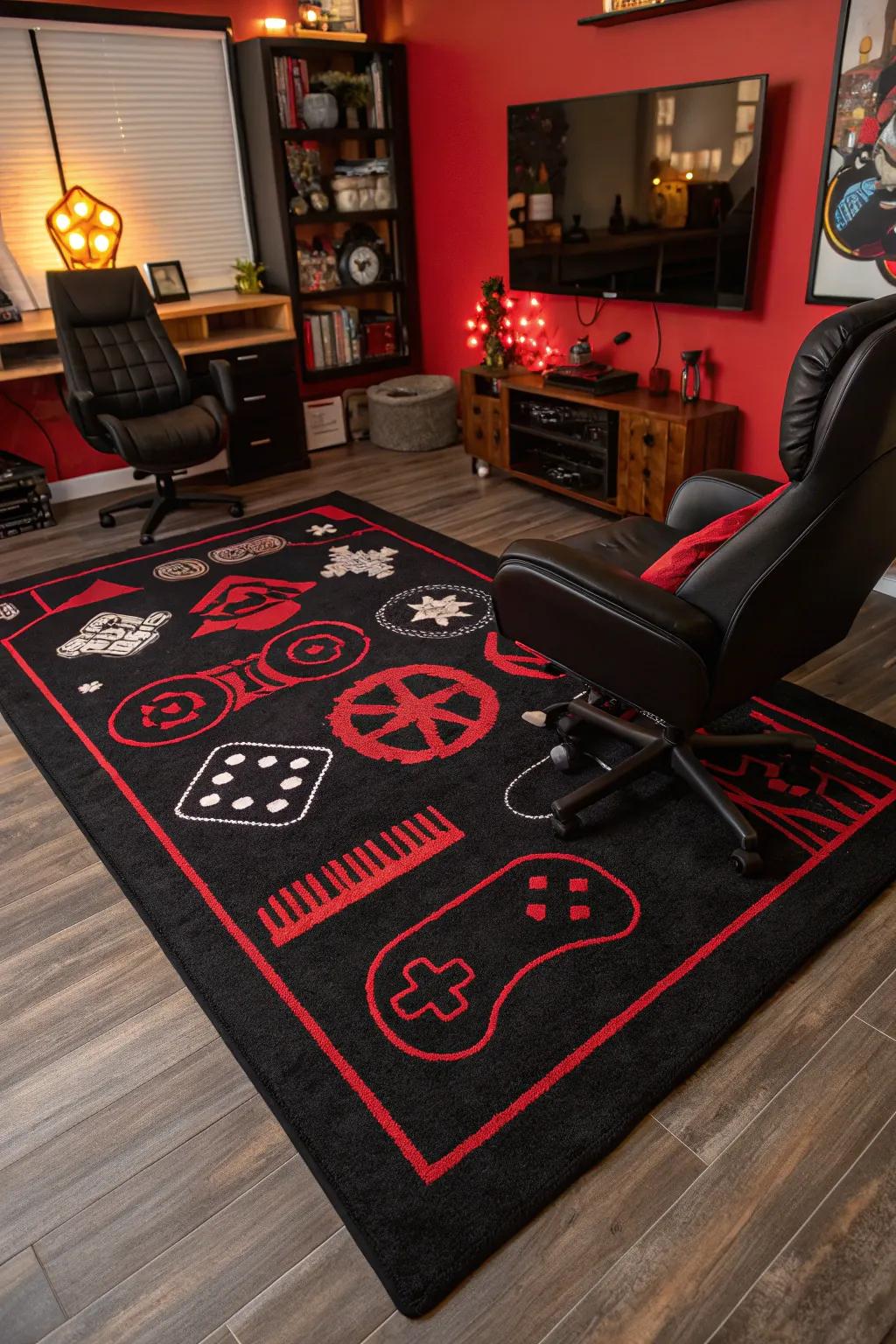 A gaming-inspired rug in black and scarlet anchors the chamber and contributes a comforting sensation.