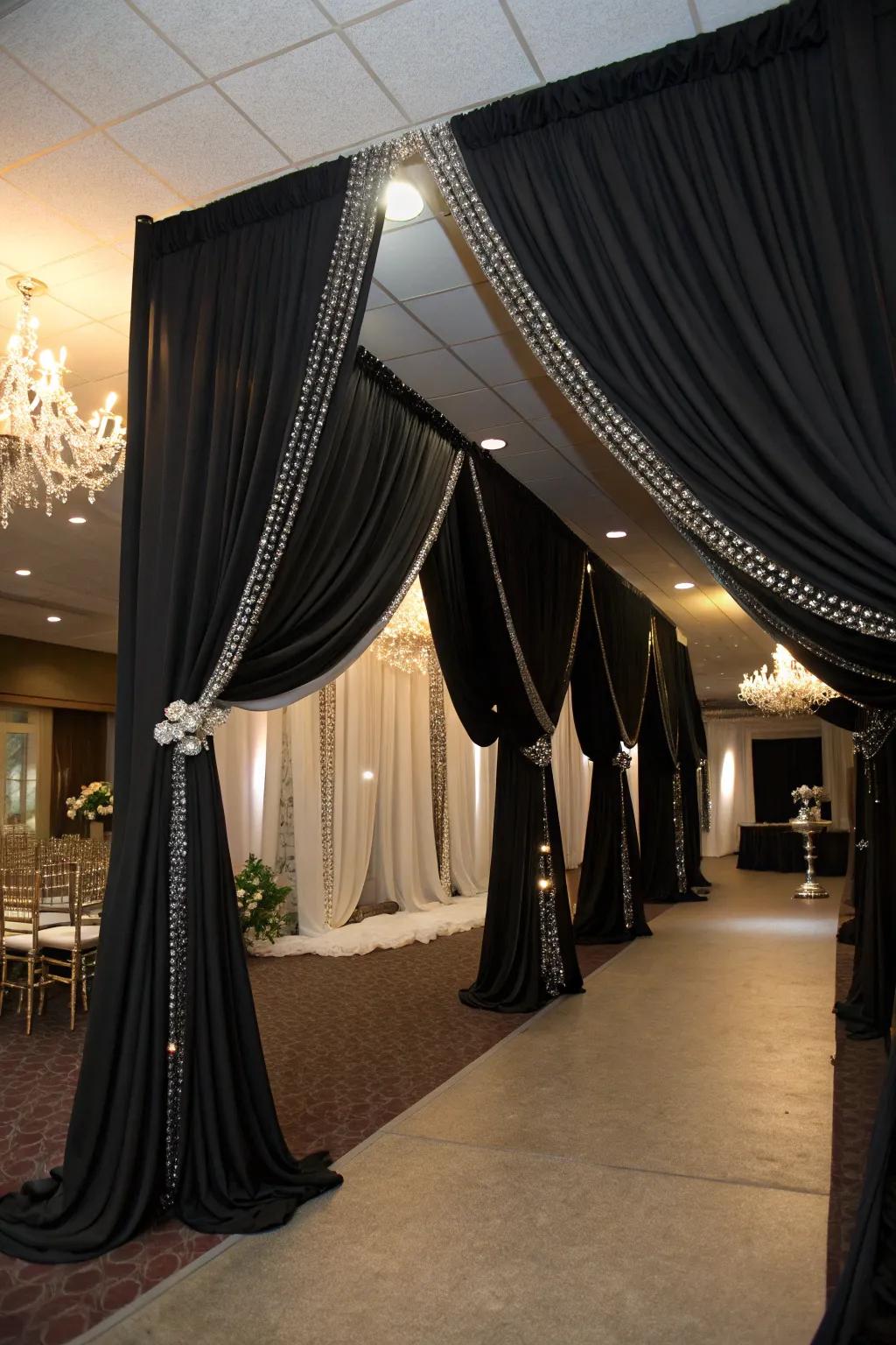 Dramatic textile work designed in coal and shimmer.