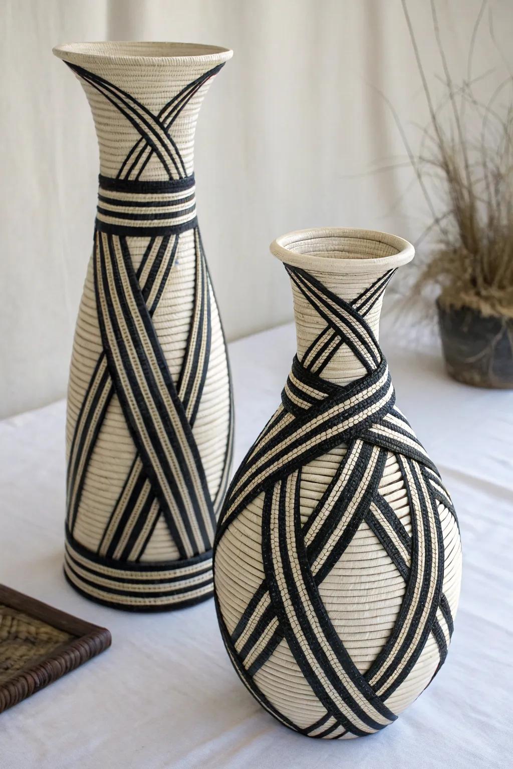 Vases wrapped in stylish striped bands.