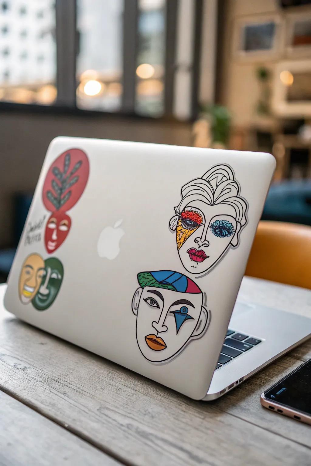 Artistic portrait decals transforming a laptop into a style statement.