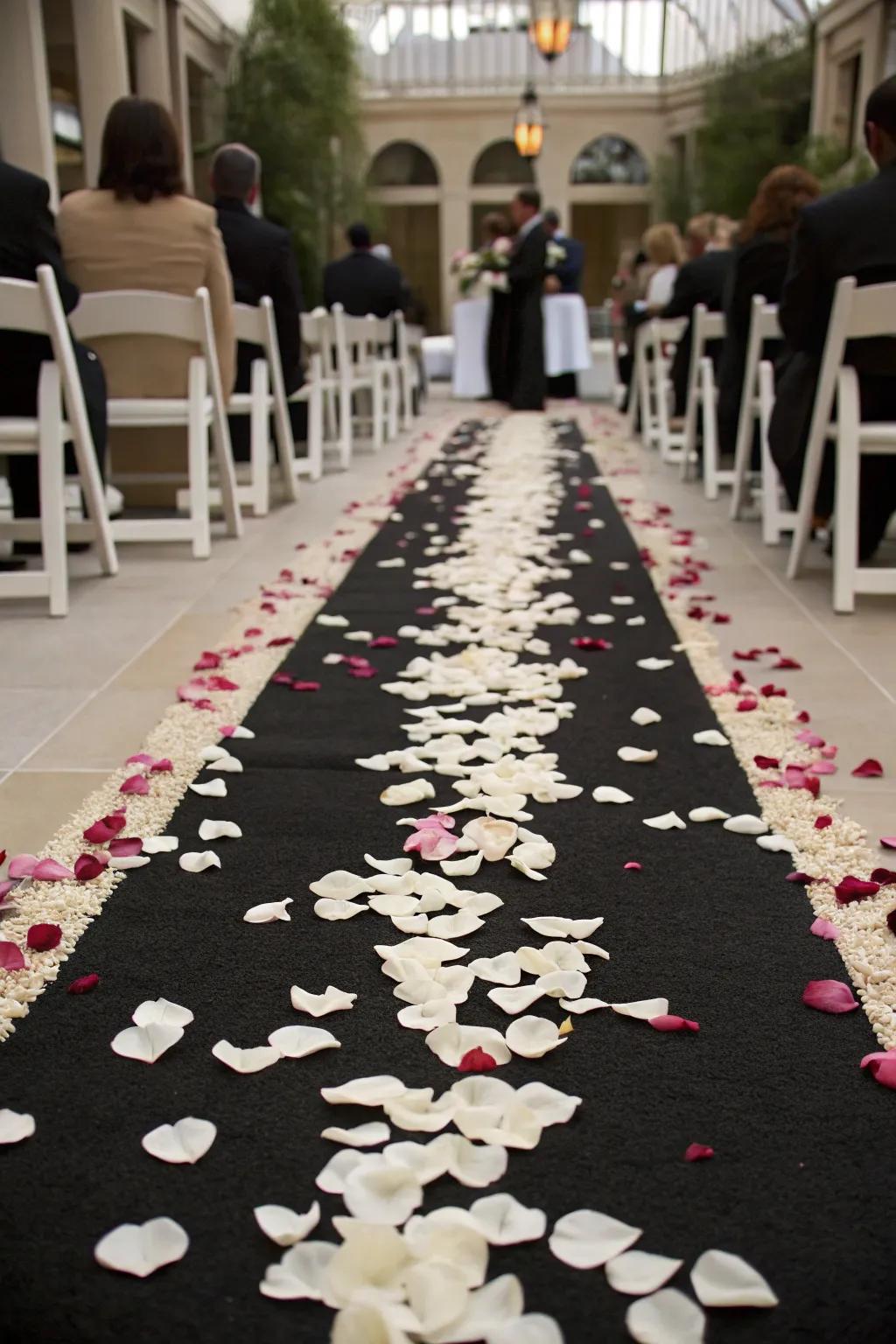 A dramatic ceremony aisle lined with black and white petals creates a stunning visual.