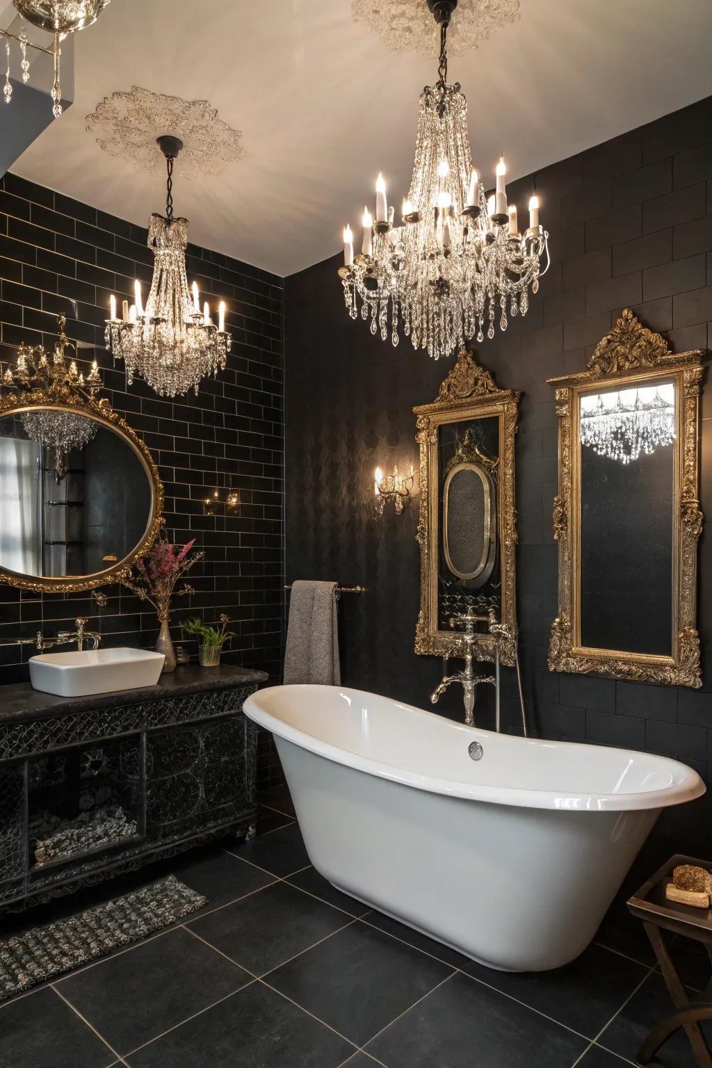 Crystal accents bring vintage glamour to bathrooms in black.
