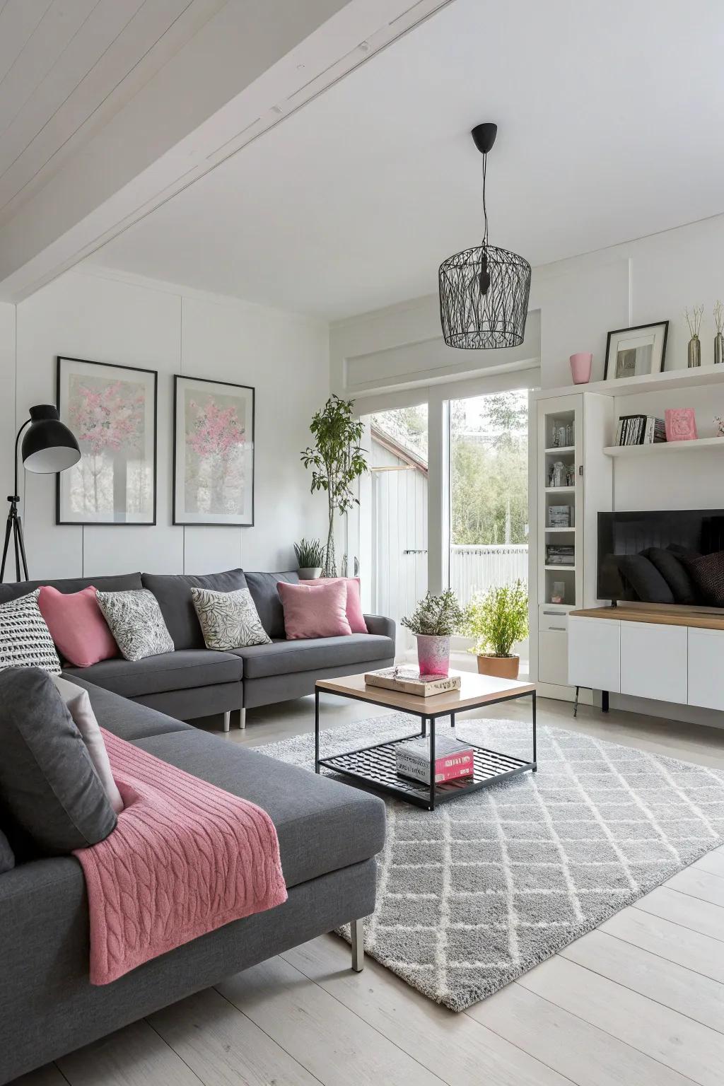 Scandinavian design with rose highlights creates balance and serenity.