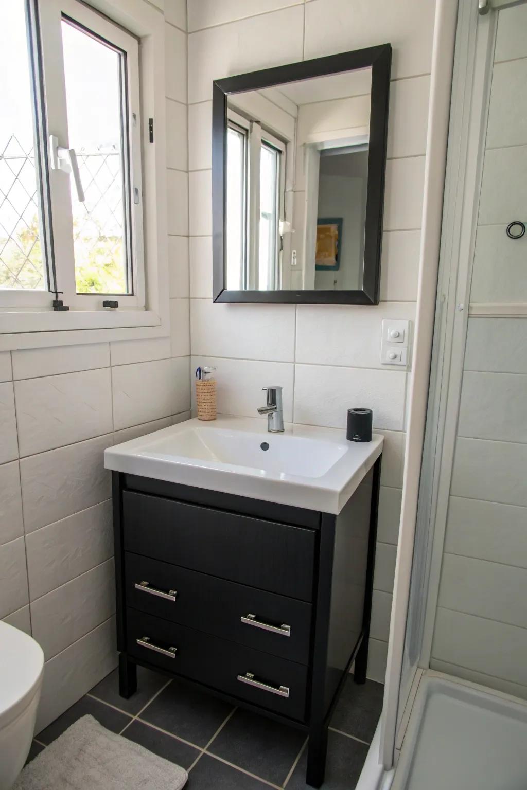 A small dark washstand is the perfect solution for small bathrooms, offering style and efficiency.