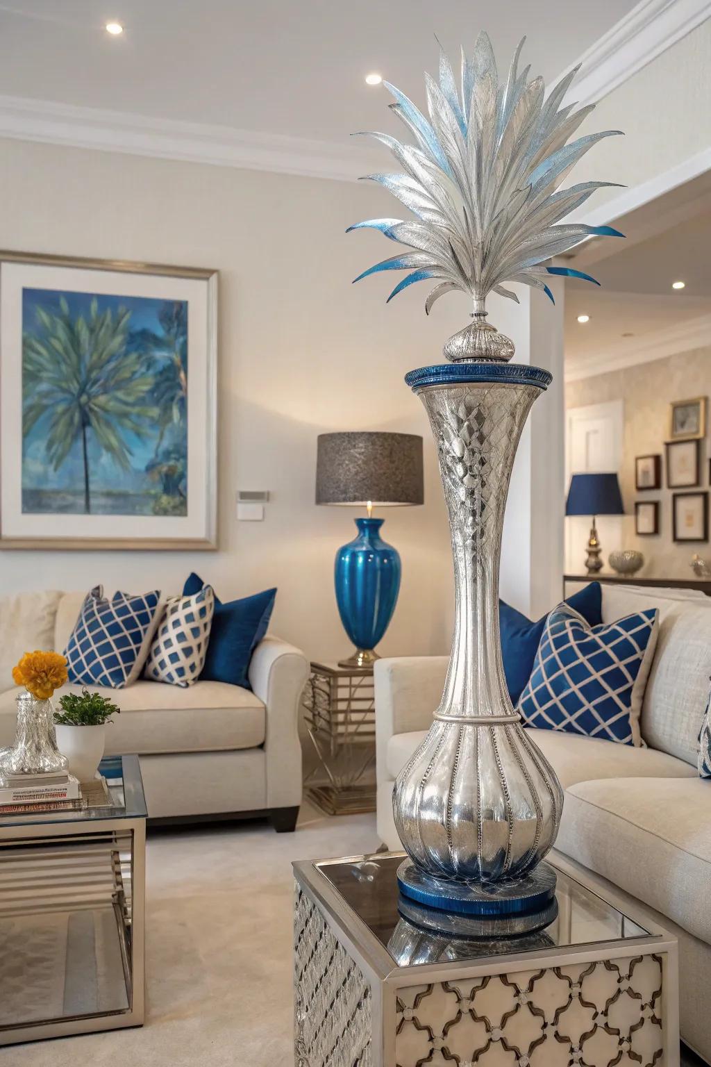 Silver and blue art serves as a striking center of attention in this elegant living room.