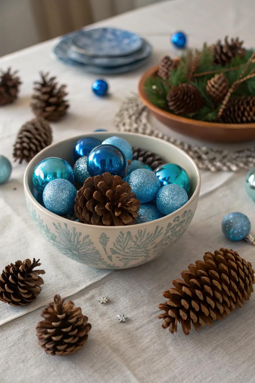 Simplistic and striking azure baubles and cones exhibition