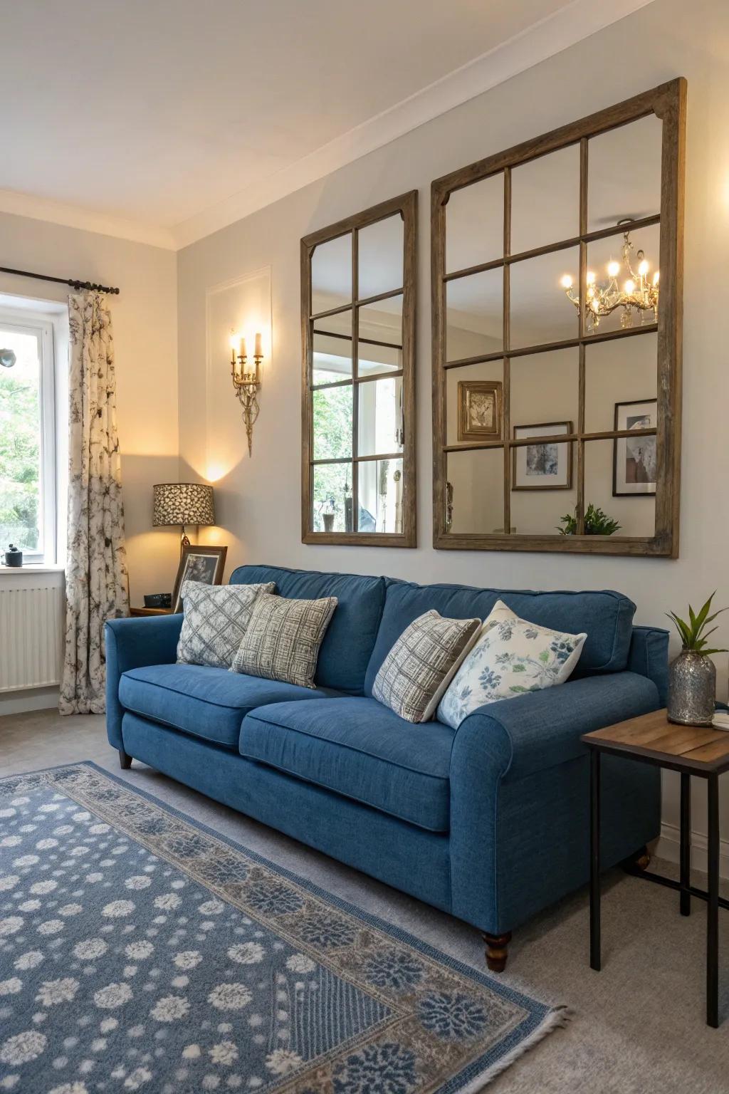 Reflective surfaces amplify the space and mirror the beauty of a cerulean settee.