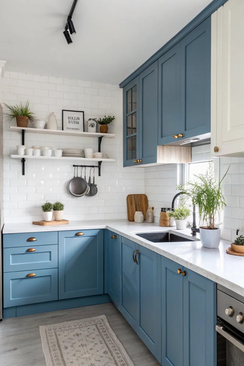Contrasting worktops make azure cabinetry stand out and add visual interest.
