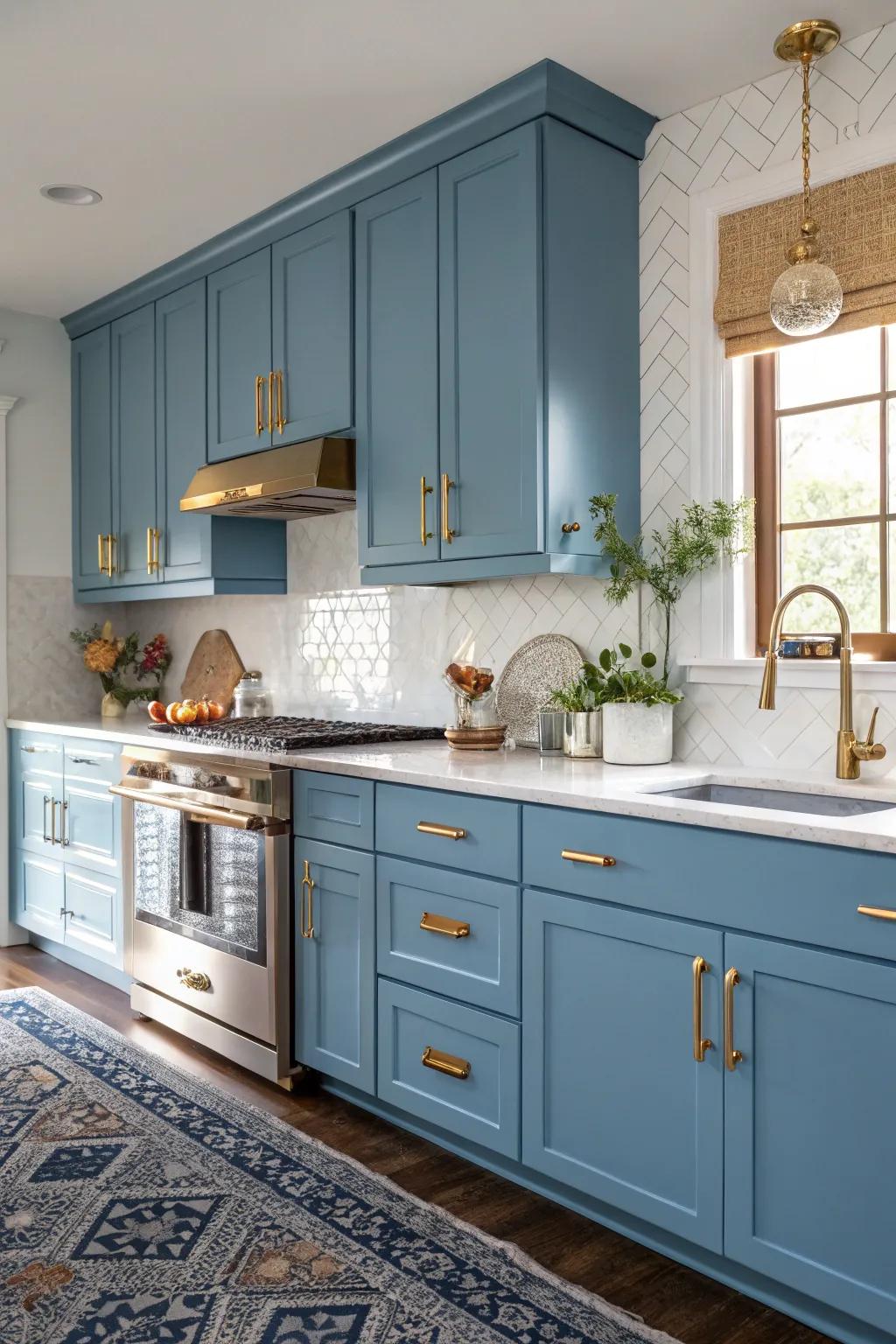 A luxurious feel with azure cabinetry and gilded accents.