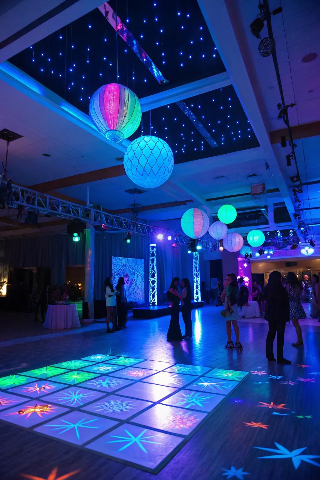 A glow-enriched celebration setup with vibrant azure neon lights.
