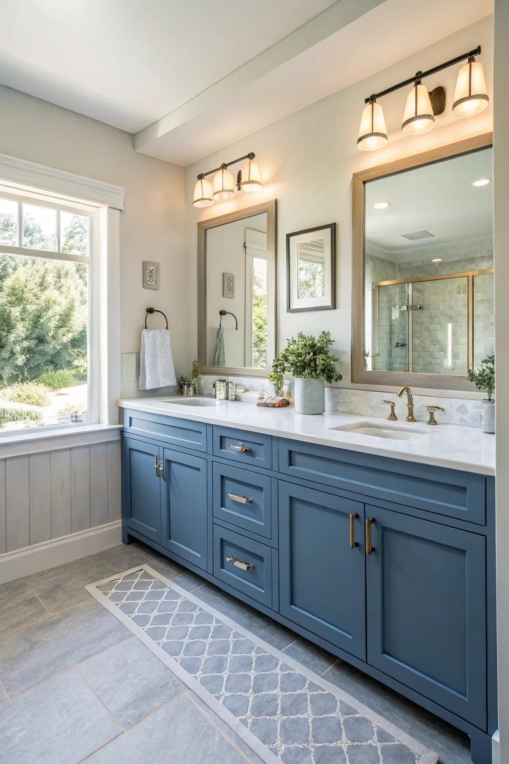 A double blue vanity offers both style and functionality for shared spaces.