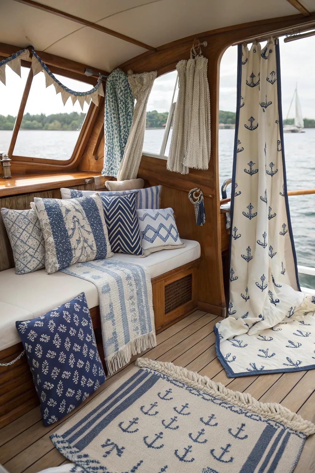 Maritime patterns in textiles contribute a cohesive themed hint.