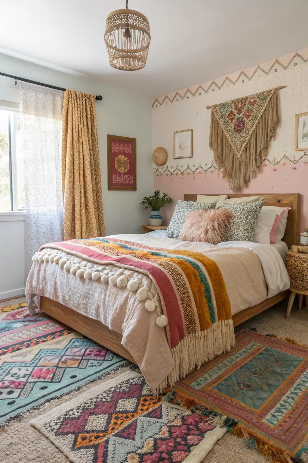 Superimposed rugs contribute comfort and visual intrigue to boho spaces.