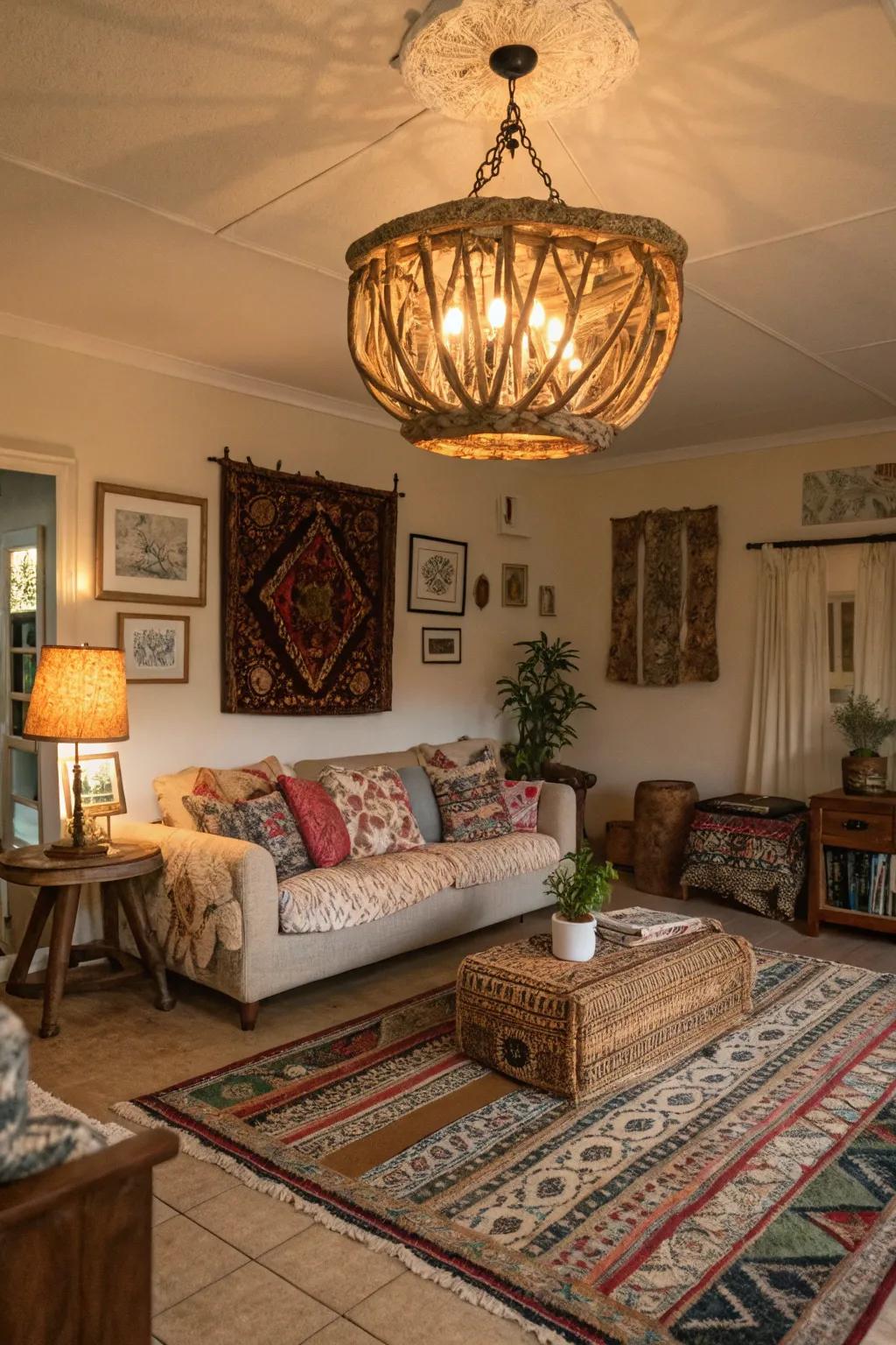 The sea salvage fixture enriches this bohemian lounge.
