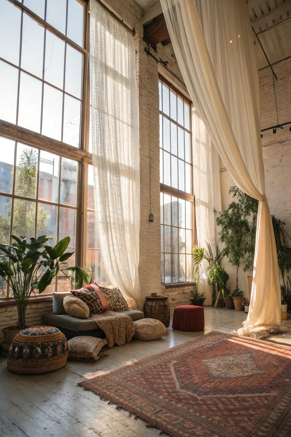 Natural illumination creates a warm and welcoming boho loft.
