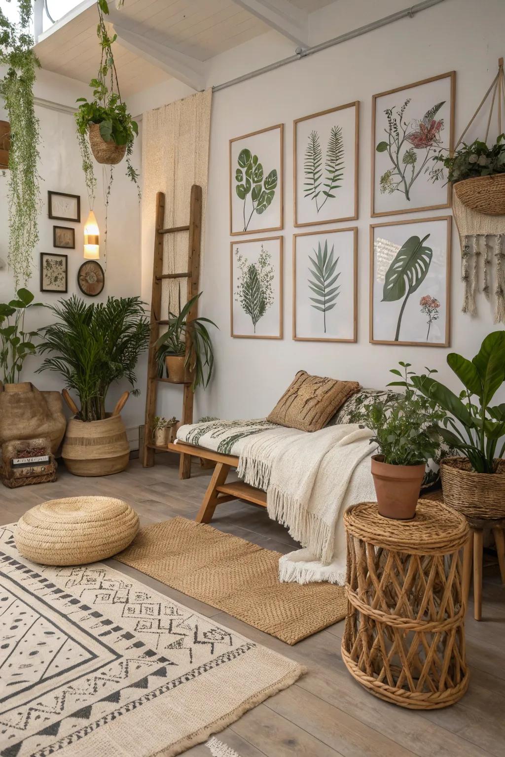 Nature-inspired decor brings tranquility to a boho space.