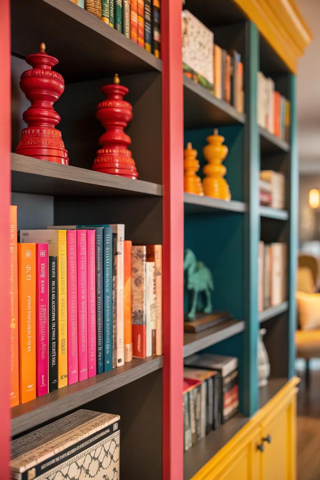 High-contrast design constituents generate a dramatic statement atop a bookshelf.