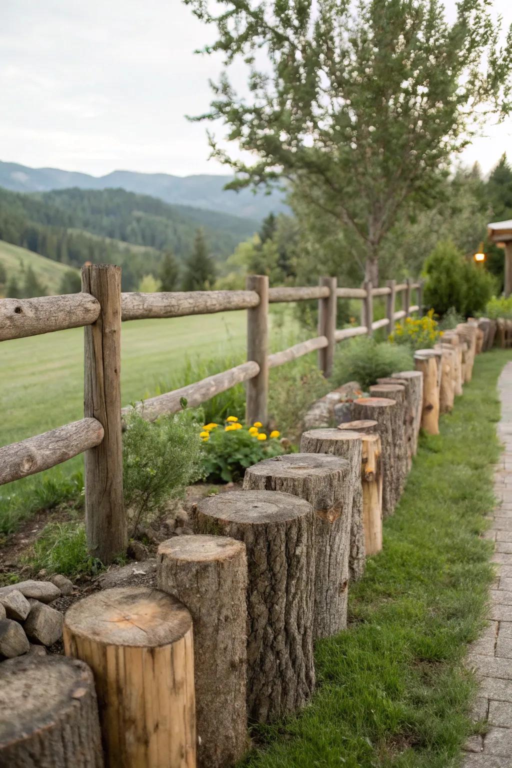 Logs inject country-style charm into fencing foundations.