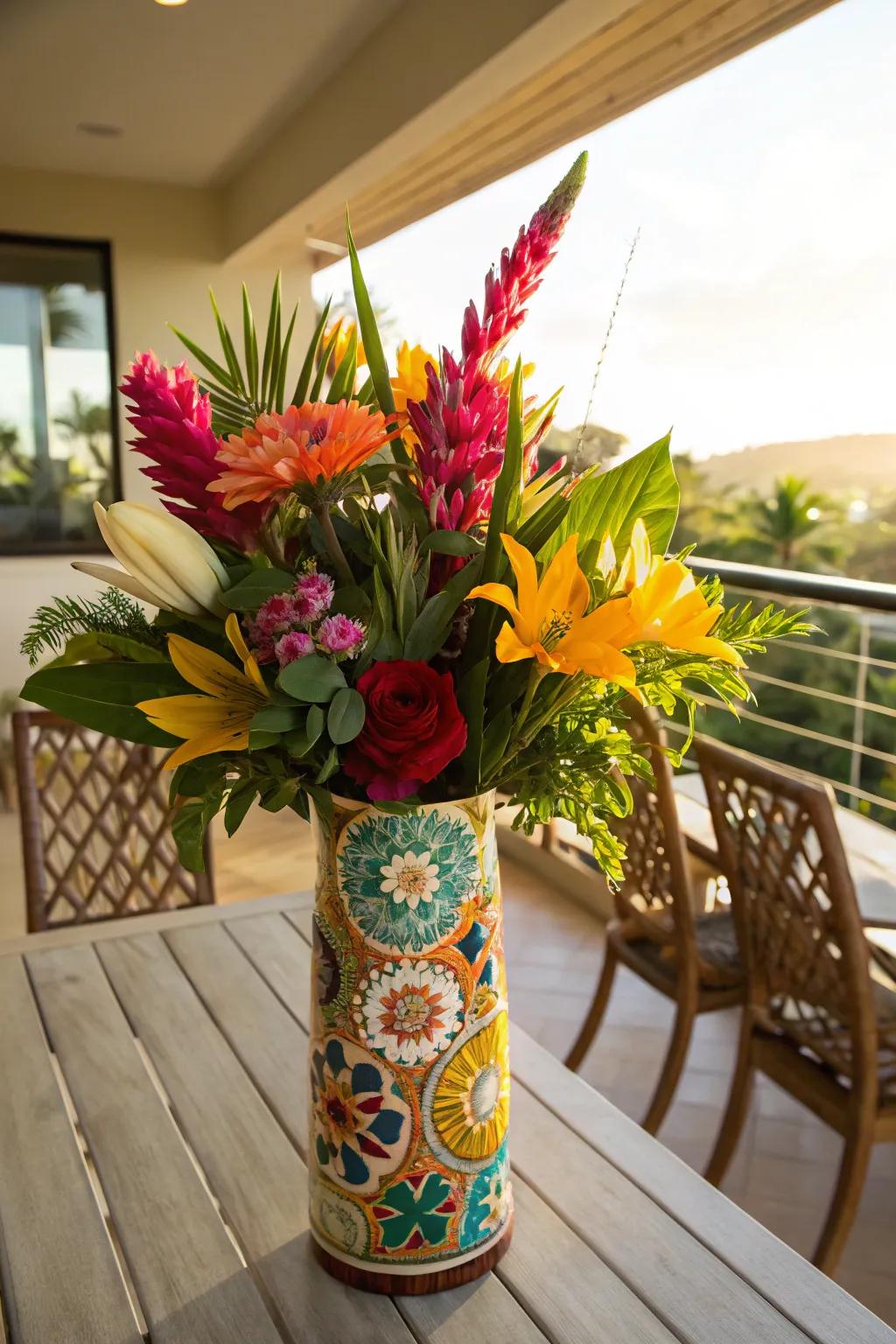 Tropical arrangement creating a vibrant ambiance.