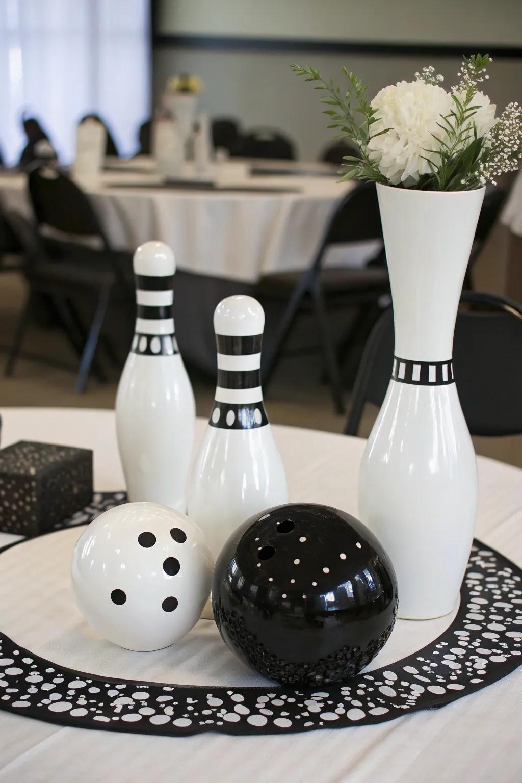 A refined monochrome bowling centerpiece for elegance.