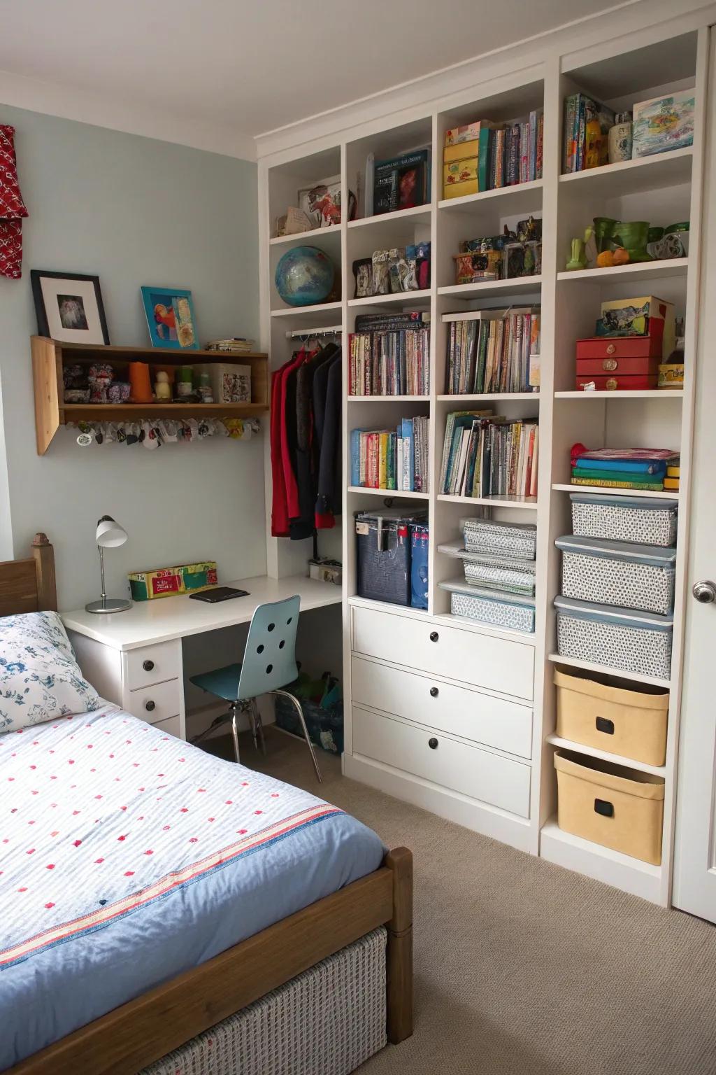 Vertical storage keeps the room organized and spacious.