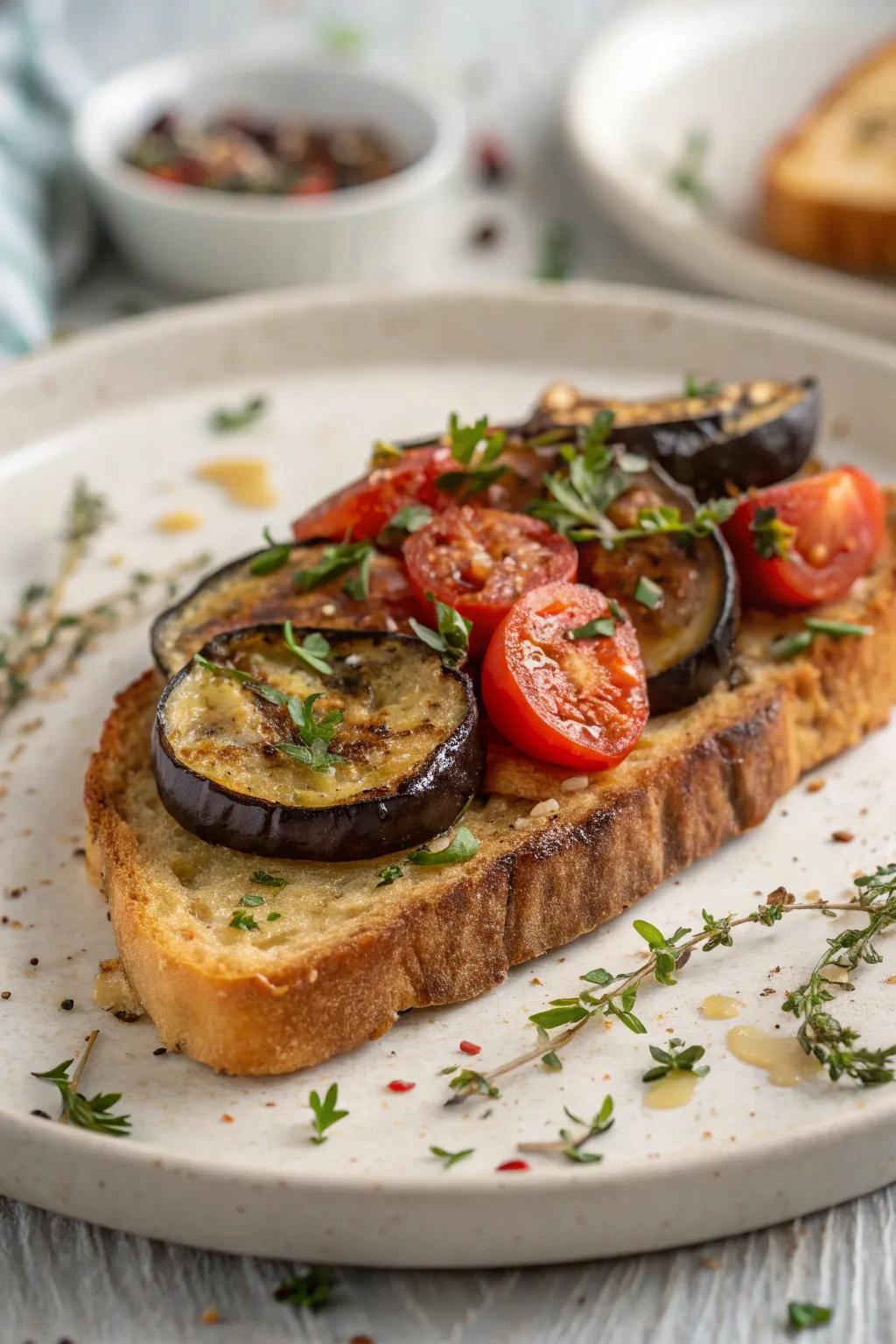 Toast adorned with a Mediterranean-inspired twist featuring eggplant and juicy tomato.