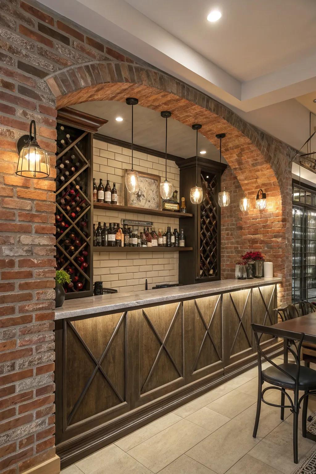 A built-in bottle rack adds elegance to a brick wall bar.