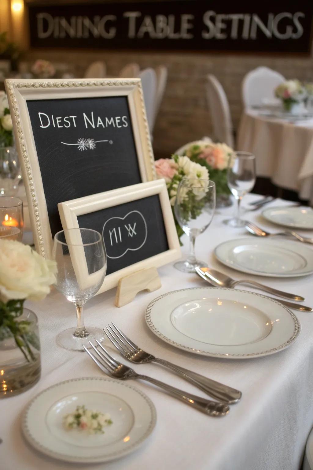 Chalkboard seating labels add a personalized touch to each table setting.