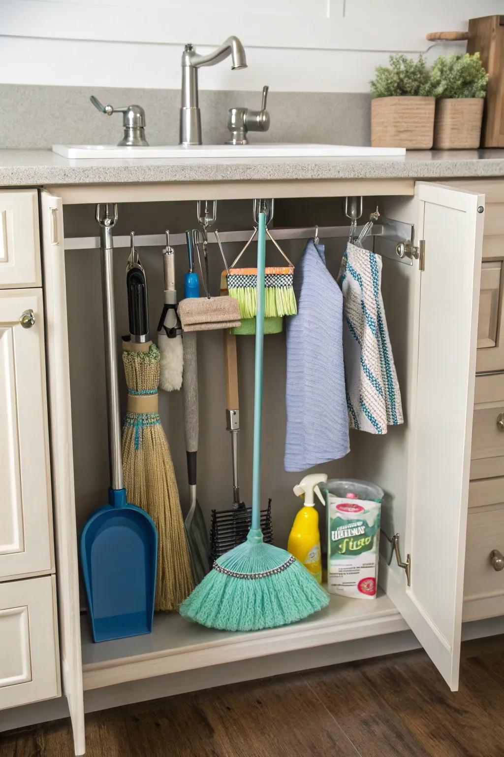 Keeping brooms out of sight with storage under the sink.