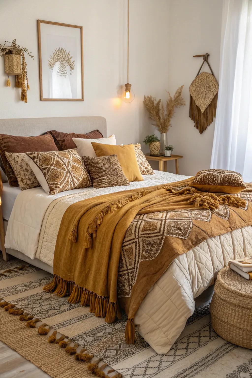 Layered fabrics create an inviting and cozy atmosphere.