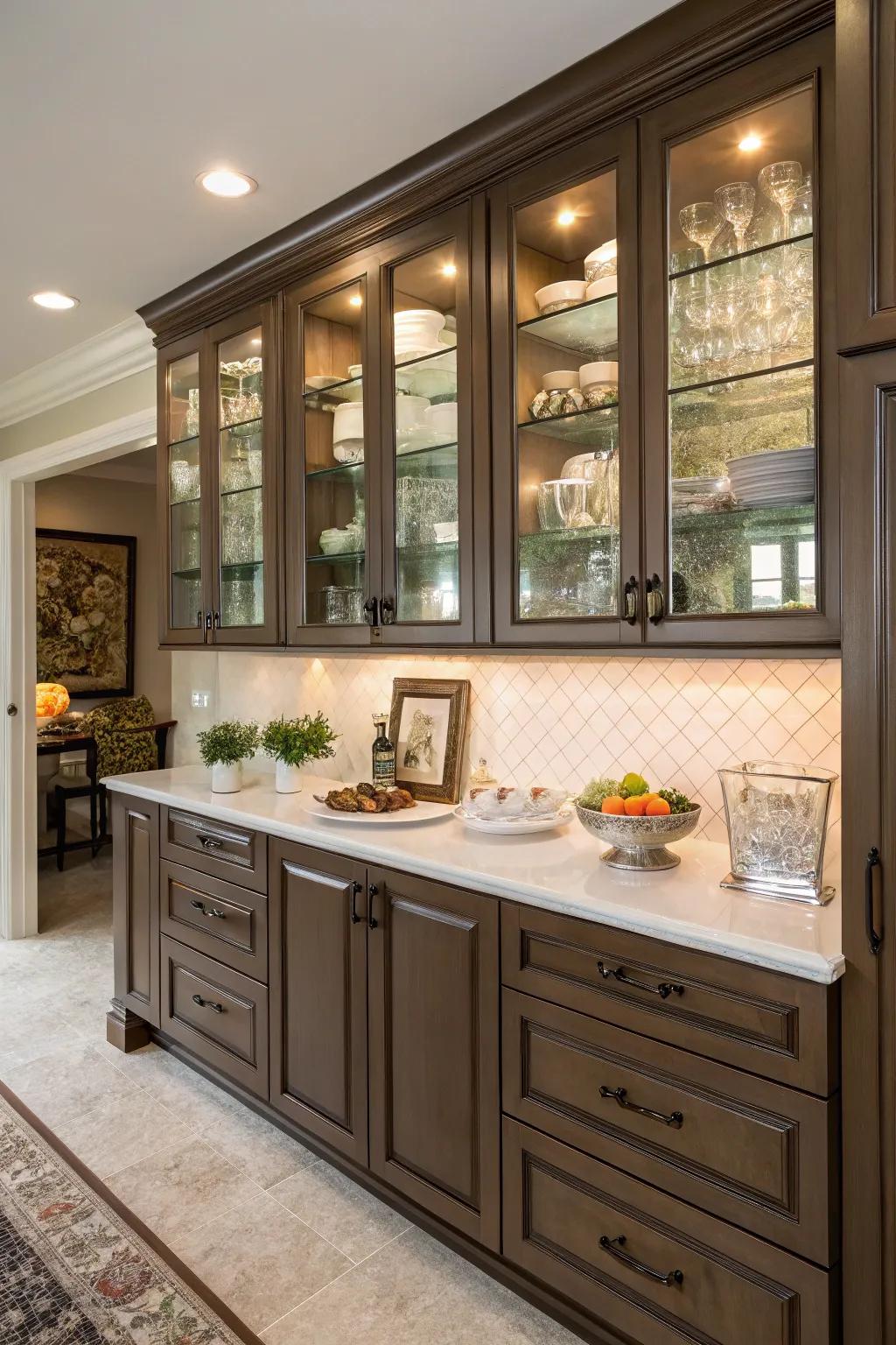 Include beauty utilizing glass-front cabinetry.