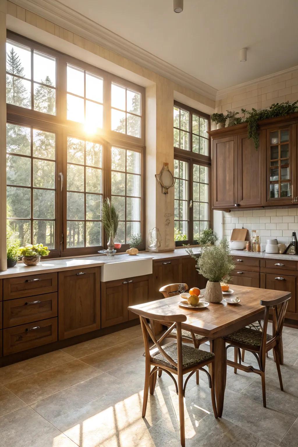 Inherent illumination enhances the splendor of sienna shades in the kitchen.