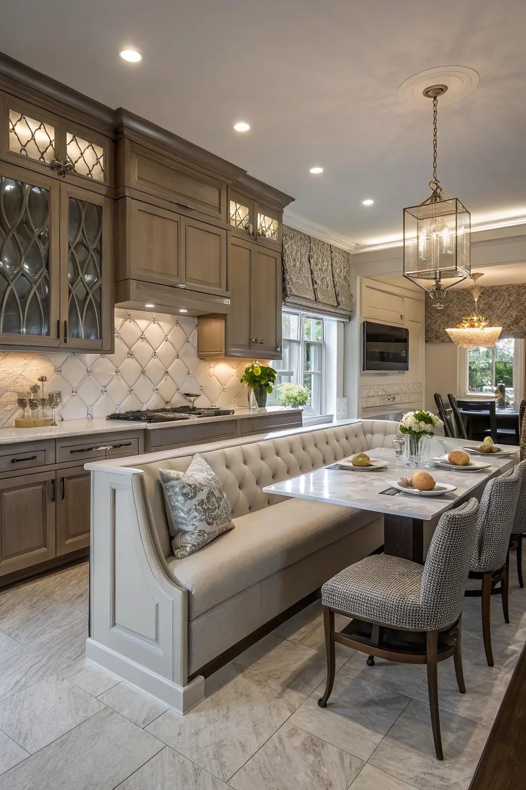 Unforeseen elegance in the kitchen with luxurious banquette seating.