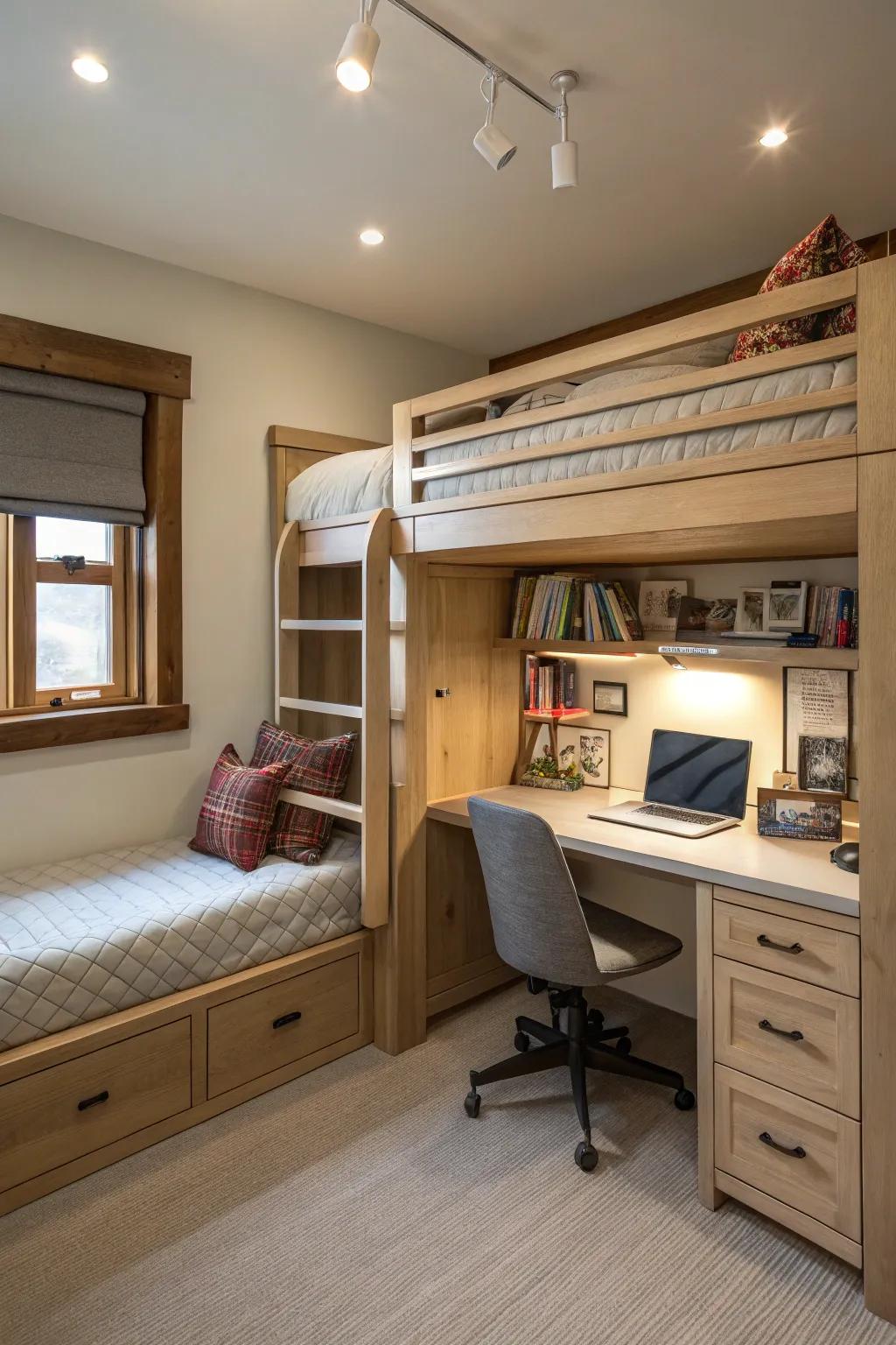 Study and sleep: a bunk bed complete with a work area.