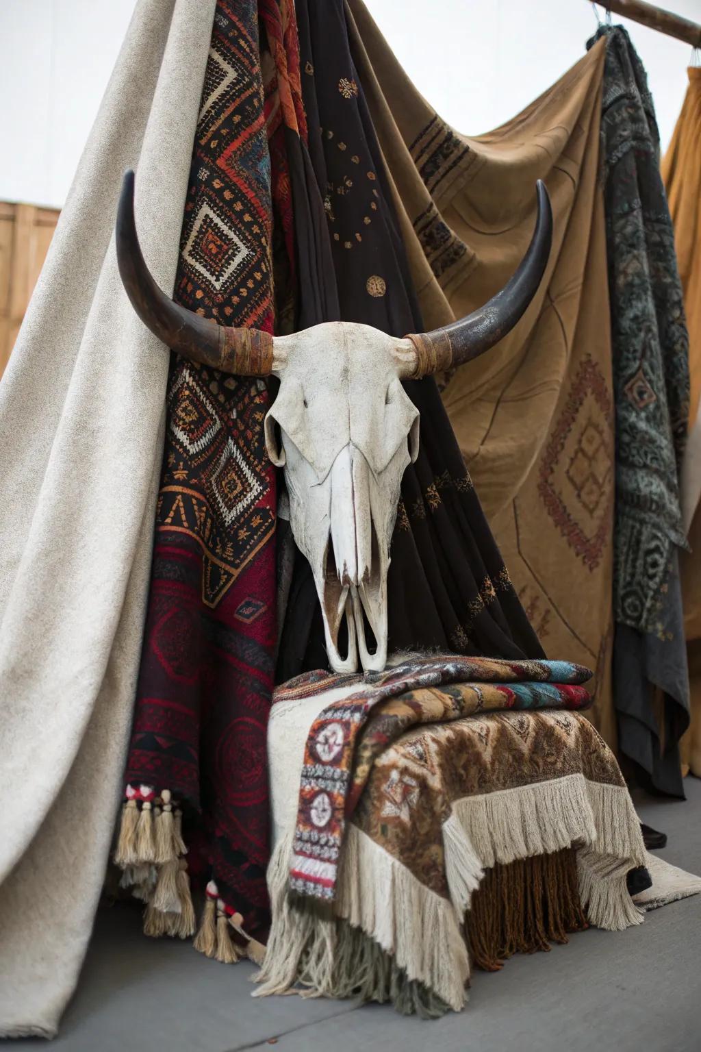Fabric levels creating comfort surrounding a cattle skull.