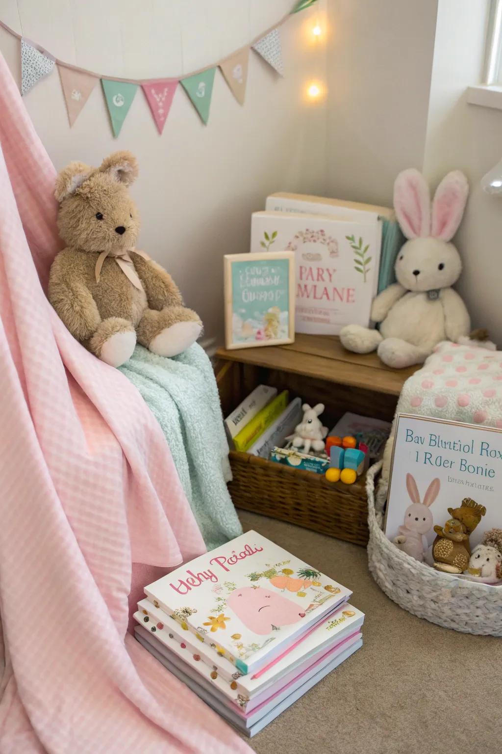 A cozy story nook featuring bunny-themed books and plush toys.