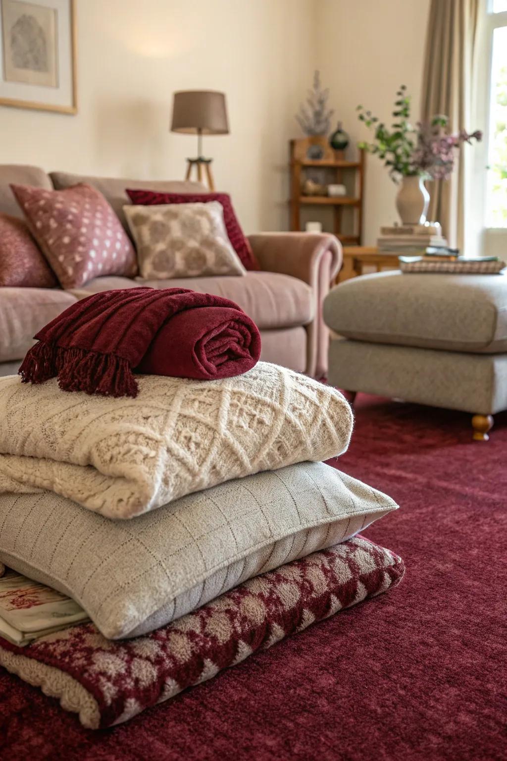 Gentle furnishings layered on a claret floor covering fashion a personal sanctuary.