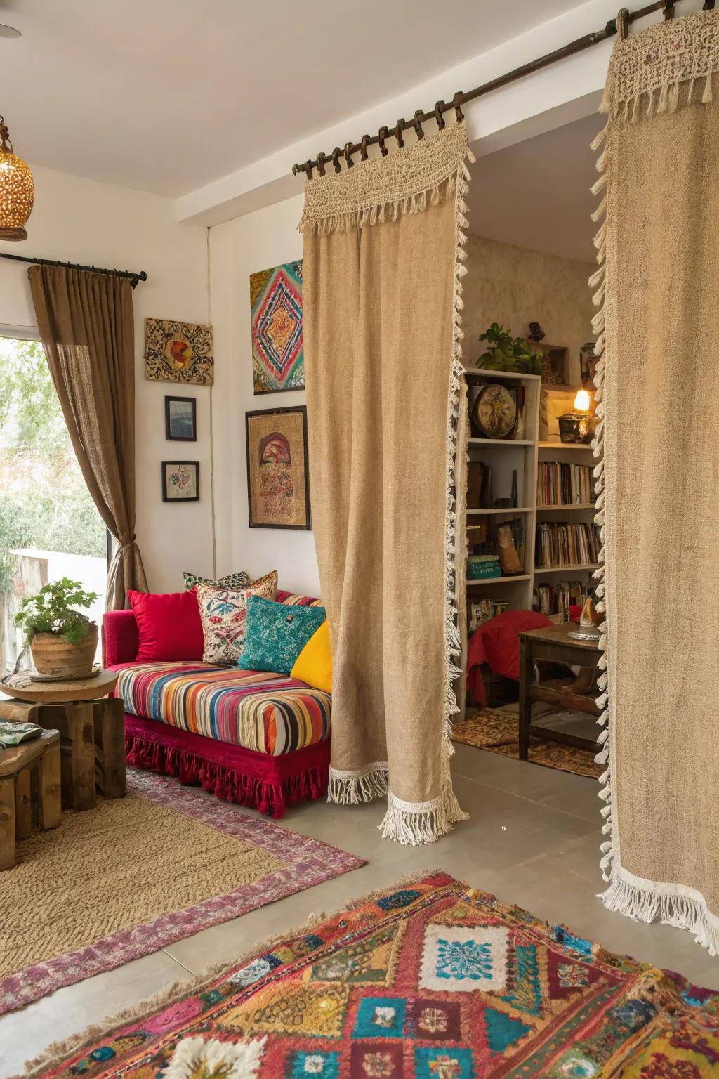 Fringed sackcloth drapes have a playful texture.