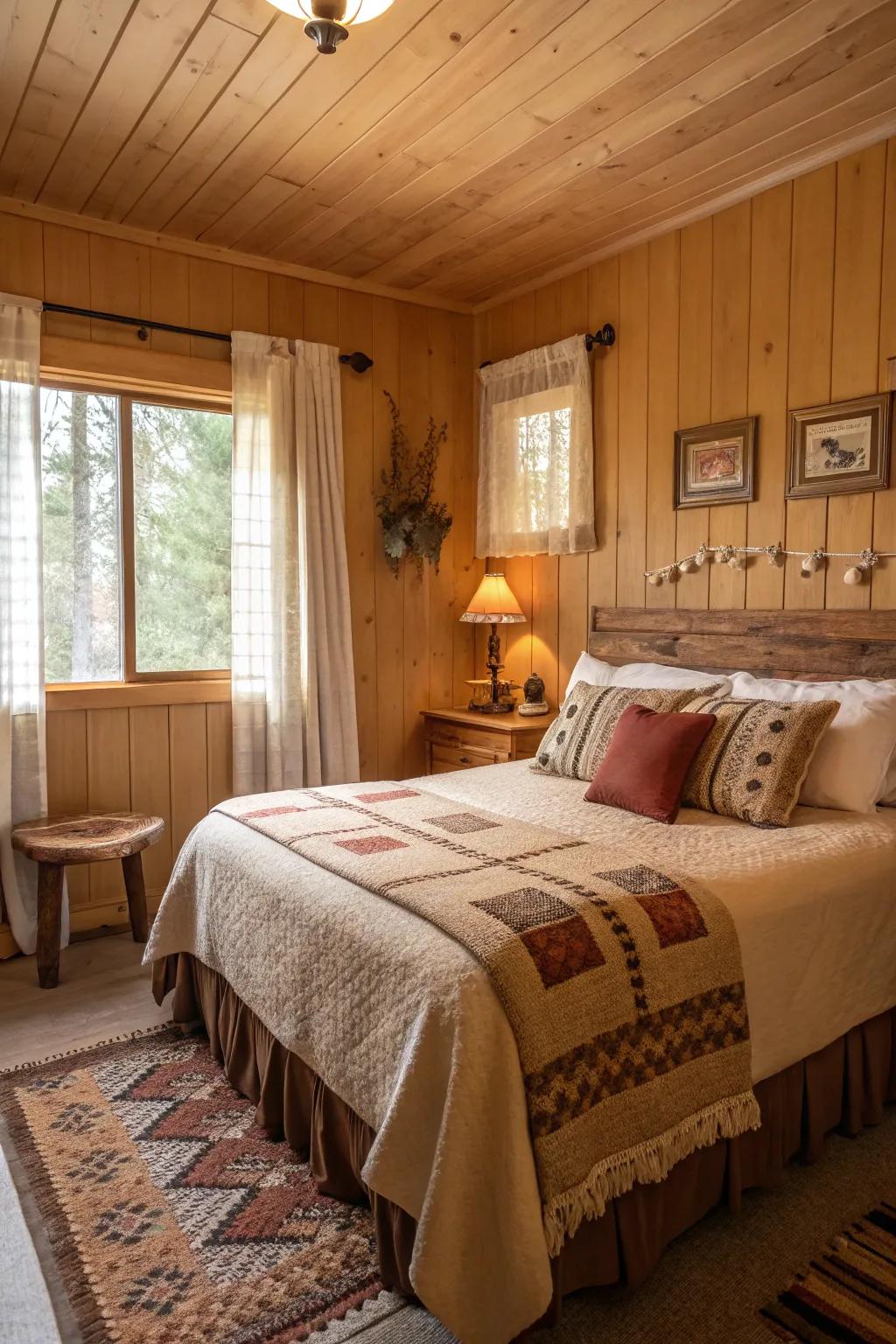 A cabin bedroom with warm earthy tones and cozy decor.