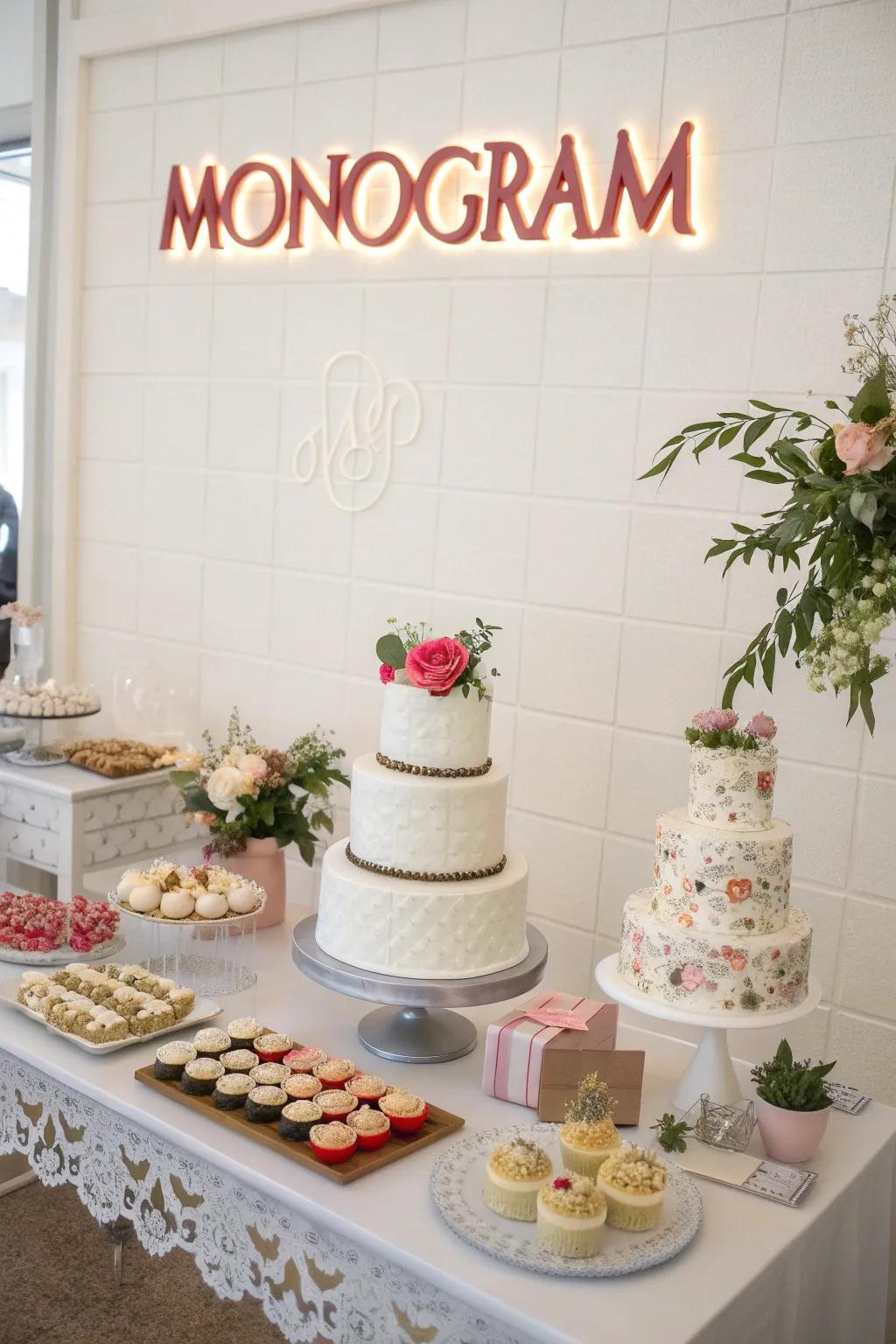 A dessert showcase with a monogram scene, injecting a personal and contemporary accent.