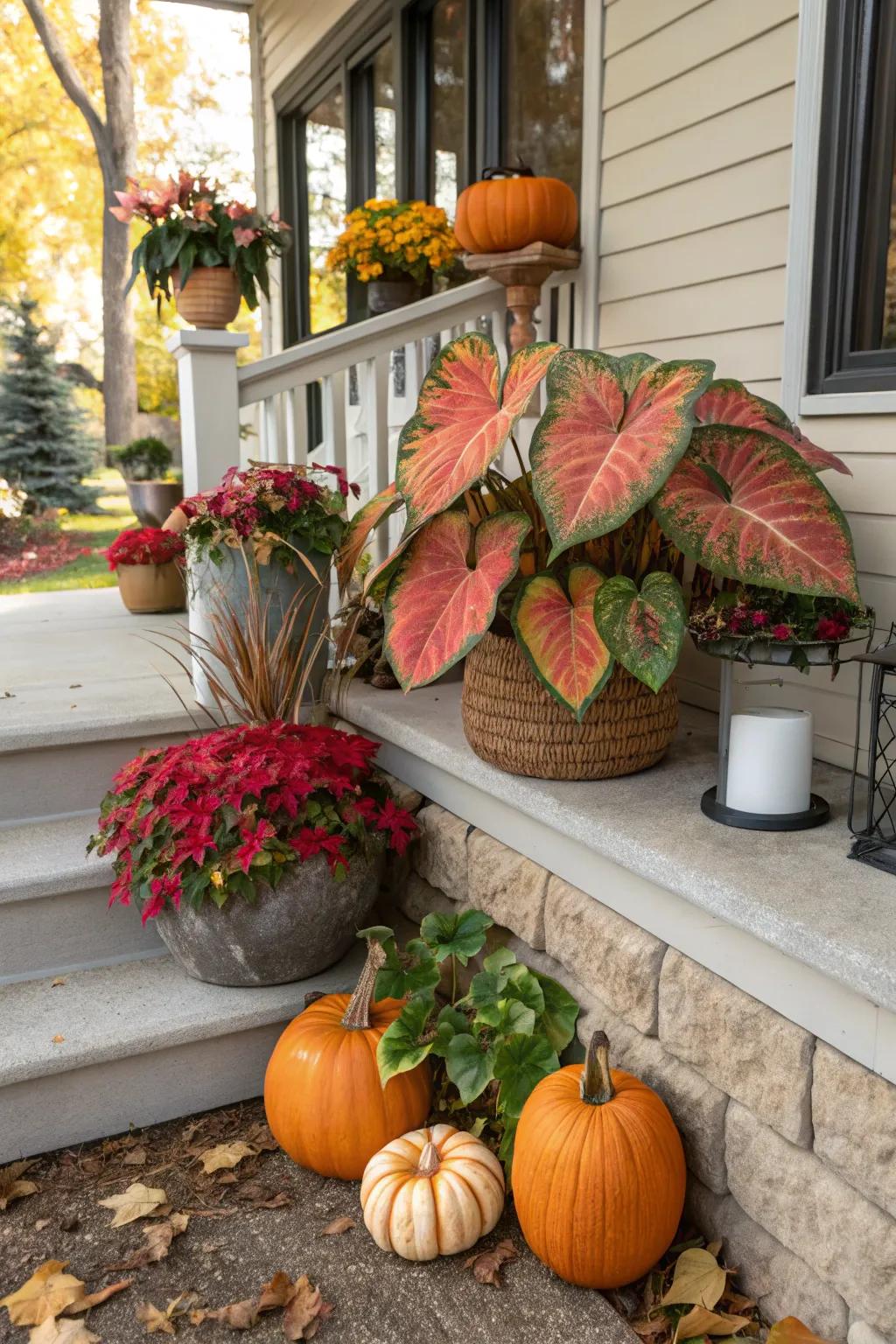 Seasonal elements preserving caladium exhibits as vibrant and contemporary.