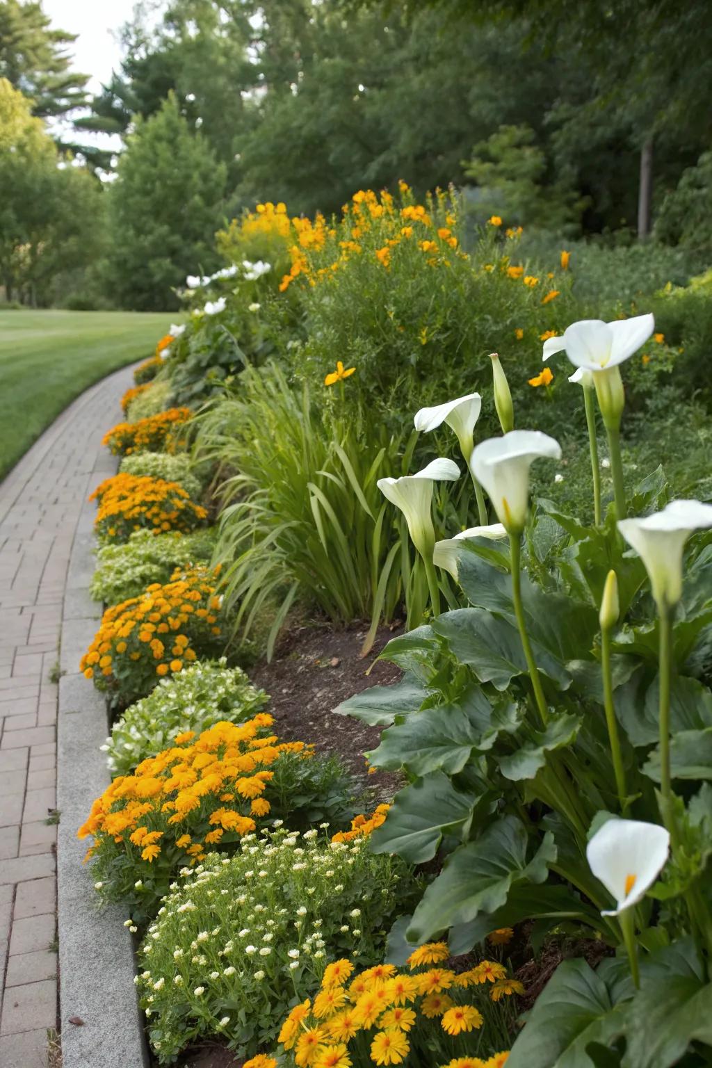 Companion planting with radiant snowdrops for a vibrant border.