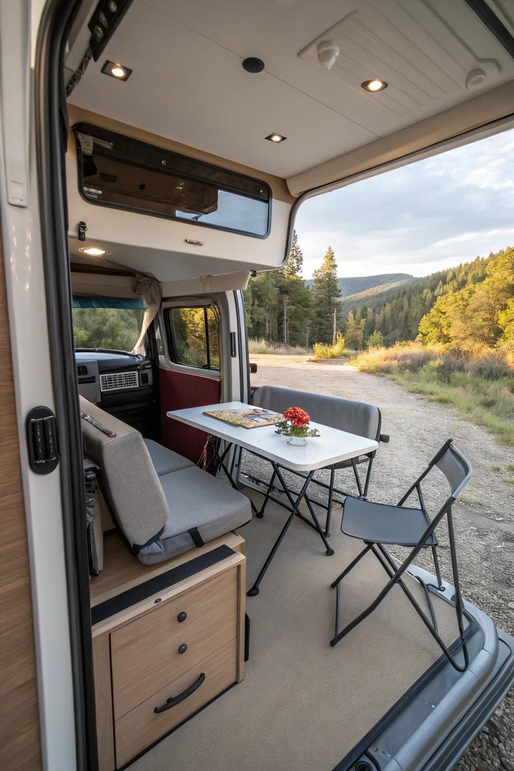 A convertible work zone inside your camper shell for work and dining.