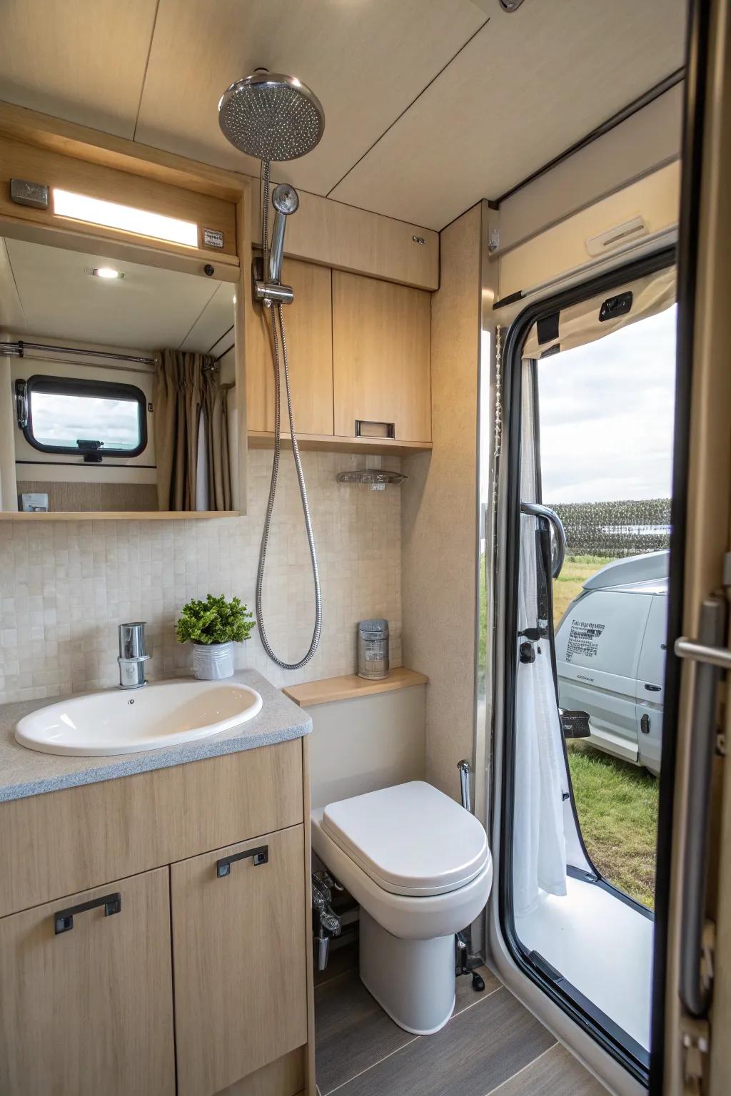 A high-efficiency showerhead in a camper van bathroom.