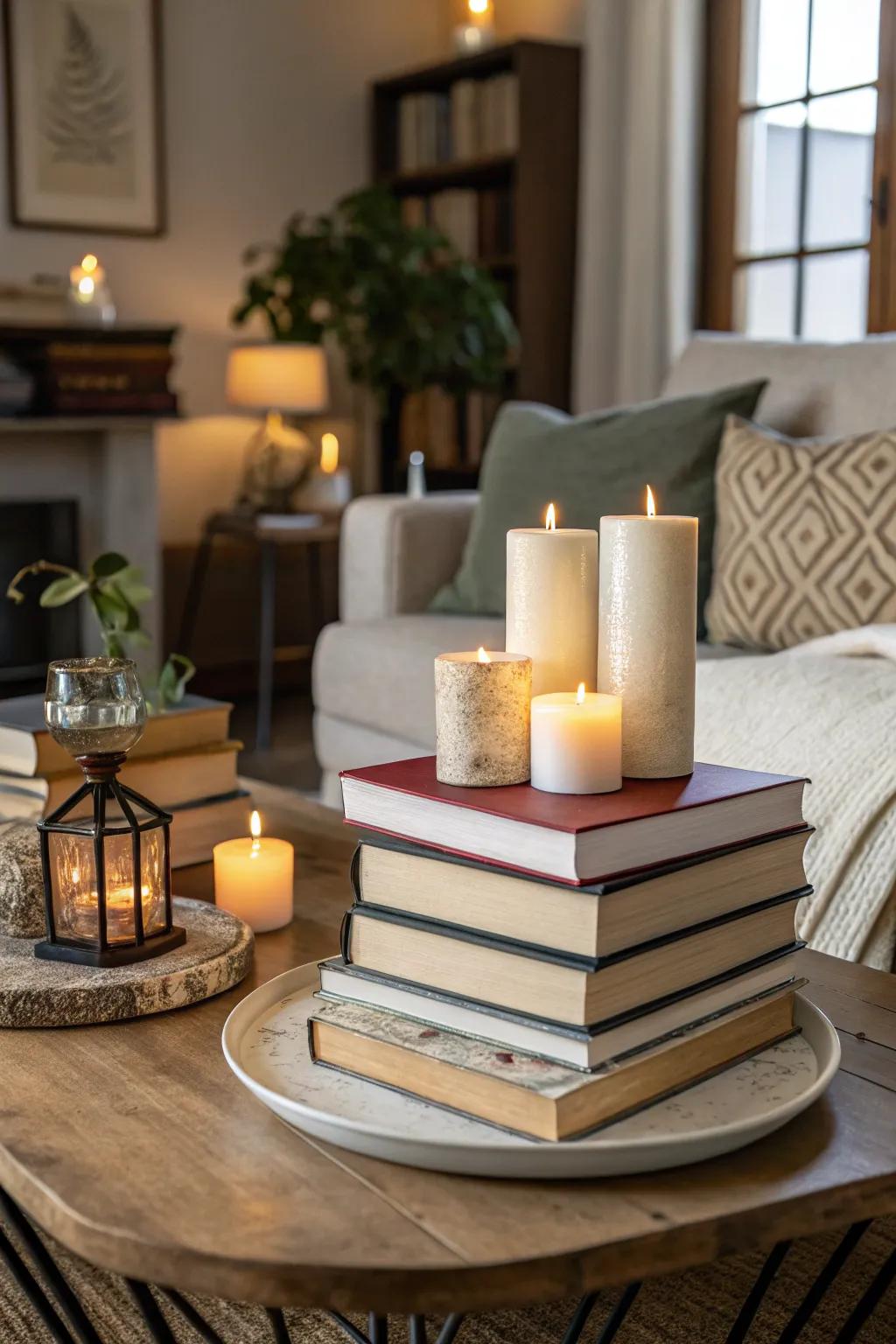 Books, partnered with lights, present a stylish and intellectual centerpiece.