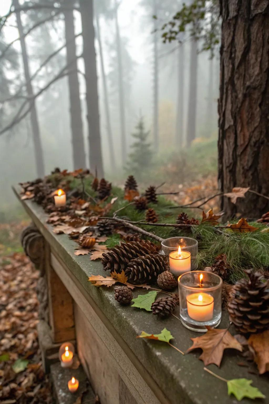Whimsical woodland vista featuring candles.